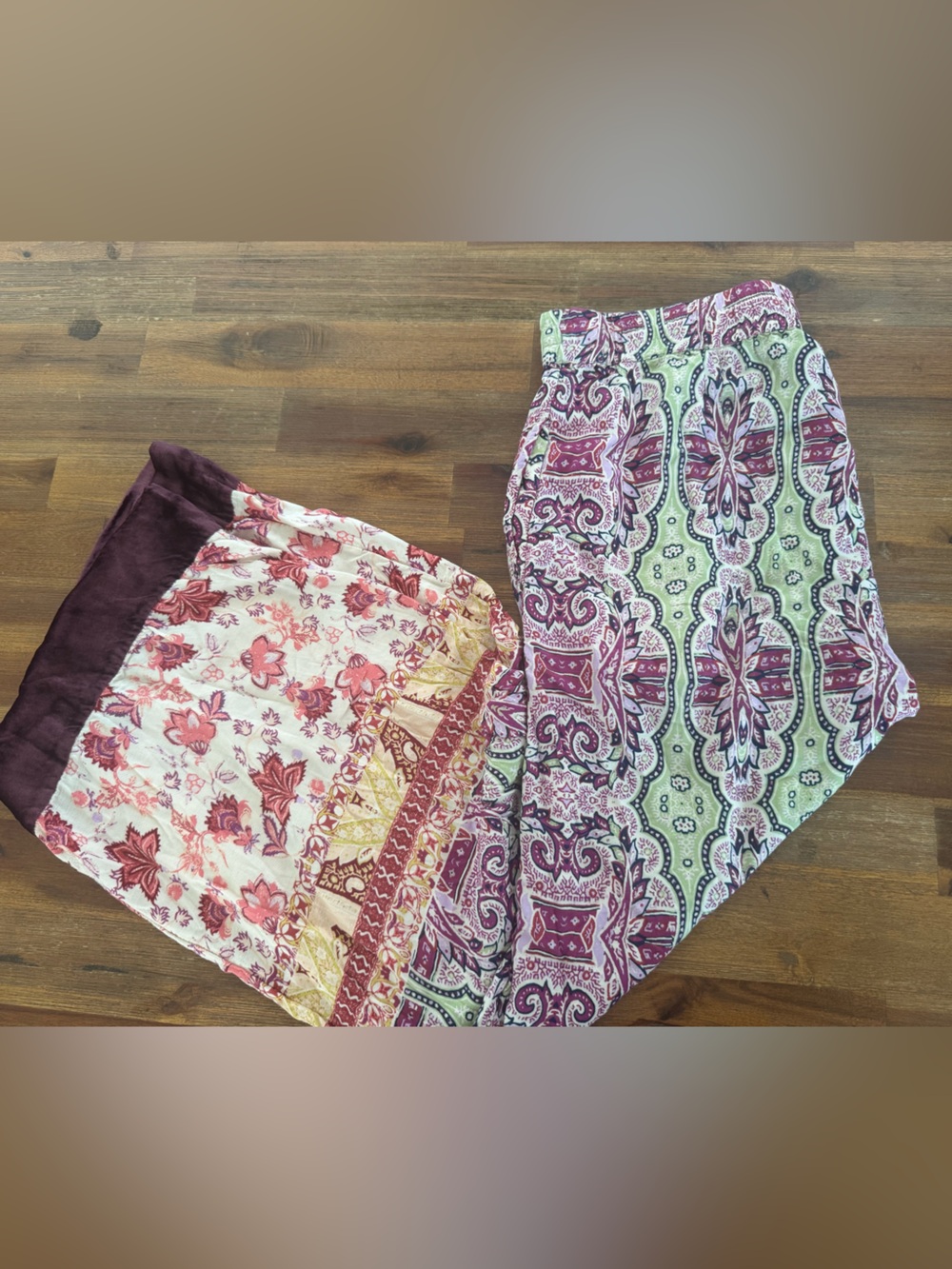 Anthropologie Boho Pants in Burgundy, Cream, and Gold Floral Print